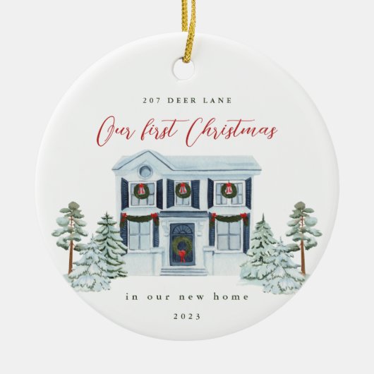 新しい自宅住所と年の初めてのクリスマス セラミックオーナメント (正面)