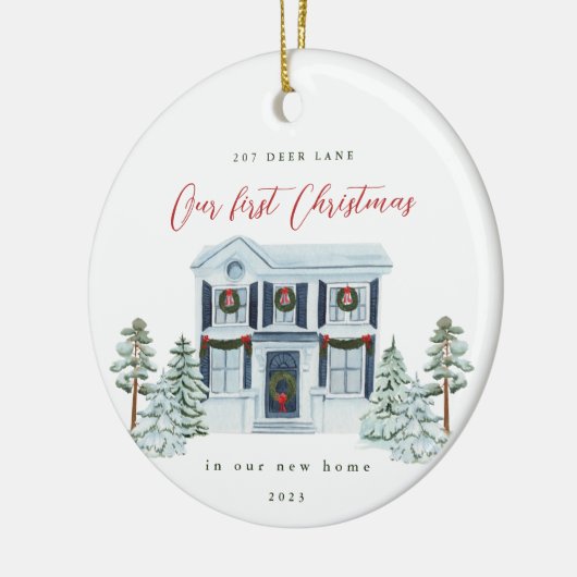 新しい自宅住所と年の初めてのクリスマス セラミックオーナメント (左)