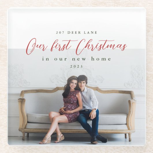 新しい自宅住所の初めてのクリスマス ガラスコースター (正面)