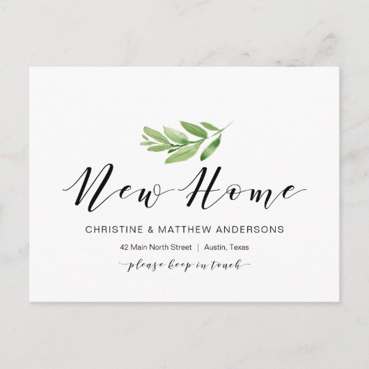 新しい自宅住所、緑、引っ越しのお知らせ ポストカード (正面)