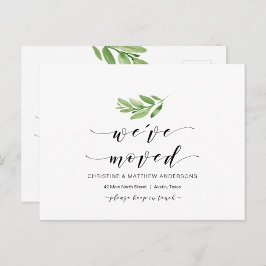 新しい自宅住所、緑、引っ越しのお知らせ ポストカード (正面/裏面)