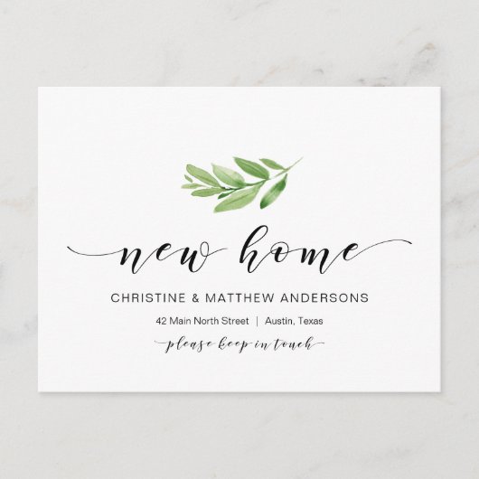 新しい自宅住所、緑、引っ越しのお知らせ ポストカード (正面)