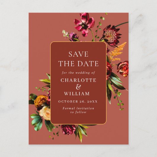 新しい花結婚式の日付を保存QRコード ポストカード (正面)