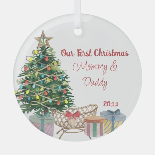 新しい親の初めてのクリスマスツリーとクリブ ガラスオーナメント (正面)
