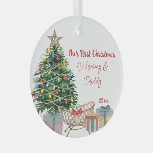 新しい親の初めてのクリスマスツリーとクリブ ガラスオーナメント (正面右)