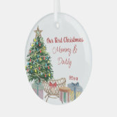 新しい親の初めてのクリスマスツリーとクリブ ガラスオーナメント (正面左)