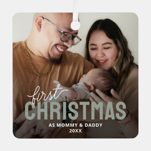 新しい親の初めてのクリスマス写真 メタルオーナメント (正面)