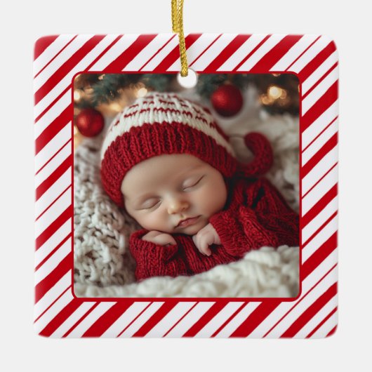 新しい親ベビーの初めてのクリスマスフォトペパーミント セラミックオーナメント (正面)