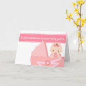 新しい親-ピンクのベビーカーのかわいい女の赤ちゃんのため カード (黄色い花)