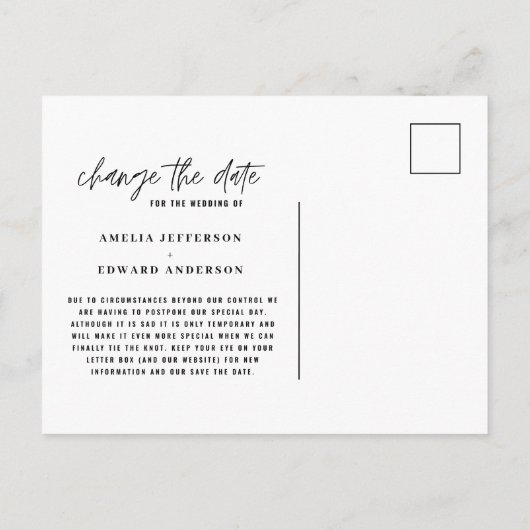 新しい計画タイポグラフィ結婚による日付の変更 案内ポストカード (裏面)