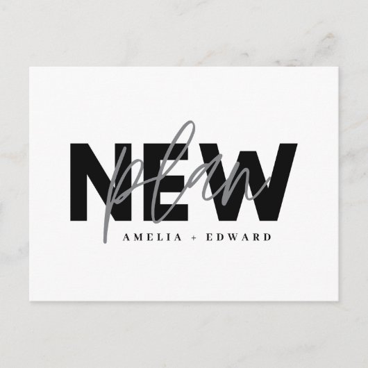 新しい計画タイポグラフィ結婚による日付の変更 案内ポストカード (正面)