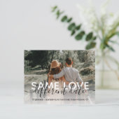 新しい計画タイポグラフィ結婚による日付の変更 案内ポストカード (スタンド正面)