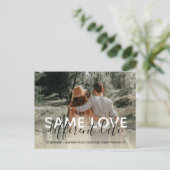 新しい計画モダンタイポグラフィ結婚の日付の変更 案内ポストカード (スタンド正面)