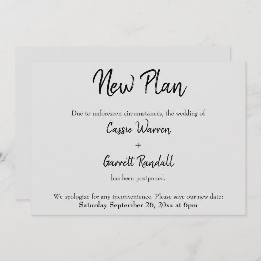 「新しい計画」がグレイ結婚カードに黒を延期 招待状 (正面/裏面)