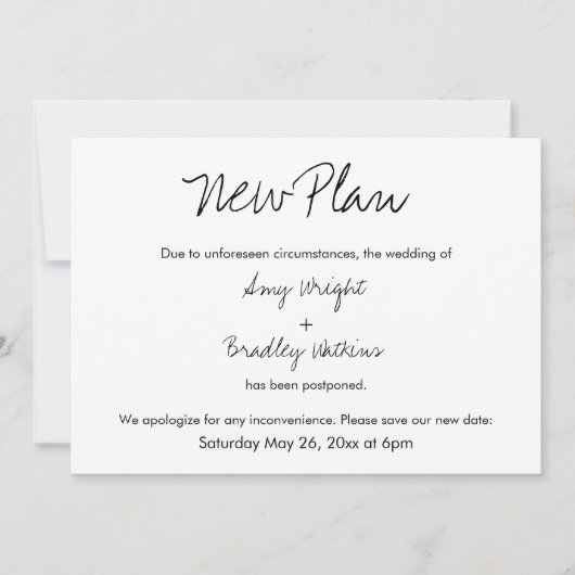 「新しい計画」の発カジュアル表延期結婚 招待状 (正面)