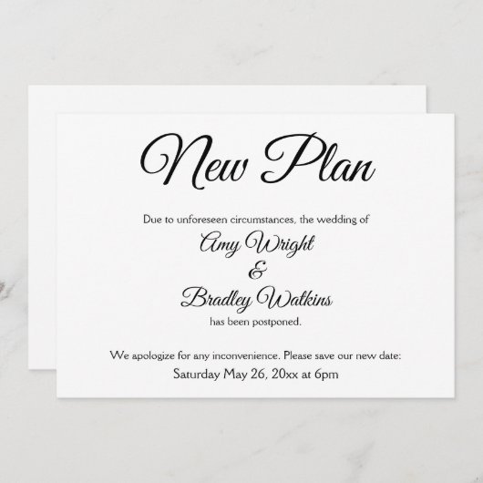 「新しい計画」エレガントな延期結婚式のお知らせ 招待状 (正面/裏面)