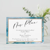 「新しい計画」ターコイズ＆ゴールドインクの延期結婚式カード 招待状 (スタンド正面)