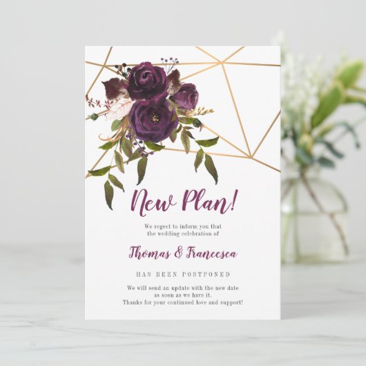 新しい計画！梅の花の幾何学模様の延期された結婚式 招待状 (スタンド正面)