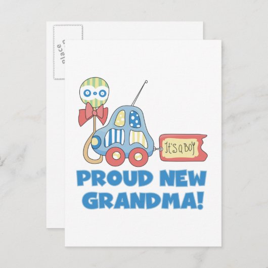 新しい誇りを持ったおばあちゃん – それは男の子のTシャツとプレゼント 案内ポストカード (正面/裏面)