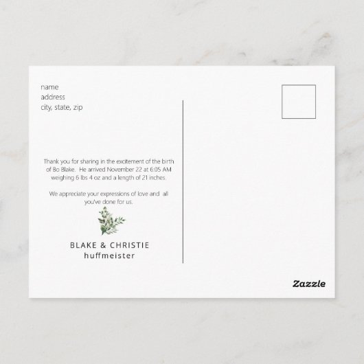 新しい赤ちゃんの現代的な感謝のポストカード - 3枚の写真 ポストカード (裏面)