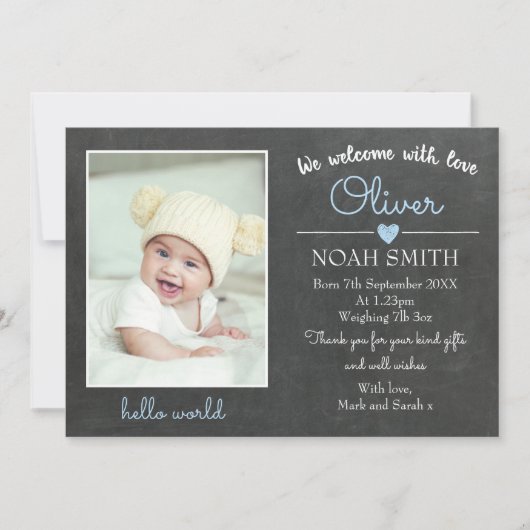 新しい赤ちゃんの男の子の発表/感謝カード 案内状 (正面)