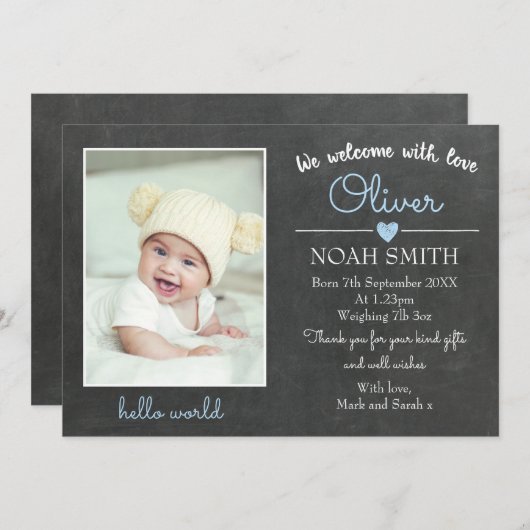 新しい赤ちゃんの男の子の発表/感謝カード 案内状 (正面/裏面)