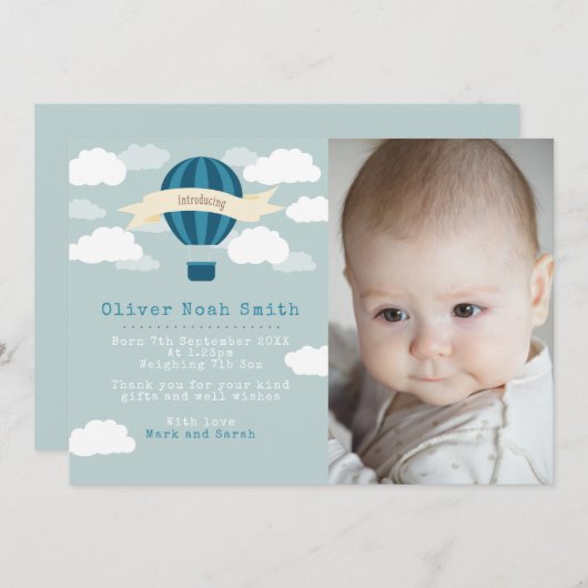 新しい赤ちゃんの男の子の発表/感謝カード 案内状 (正面/裏面)