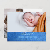 新しい赤ちゃん、男の子  かわいい青い写真 出生発表 ポストカード (正面/裏面)