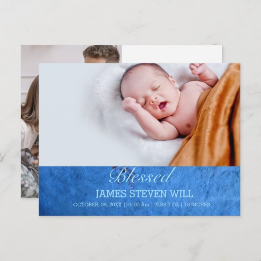 新しい赤ちゃん、男の子  かわいい青い写真 出生発表 ポストカード (正面/裏面)