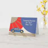 新しい車のお祝い、青い車、同世代の人 カード (黄色い花)