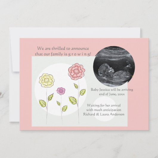 新しい追加ピンクの写真妊娠のお知らせ 案内状 (正面)