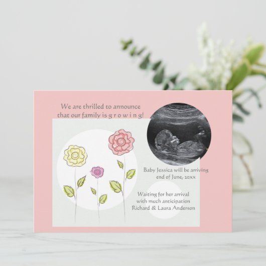 新しい追加ピンクの写真妊娠のお知らせ 案内状 (スタンド正面)