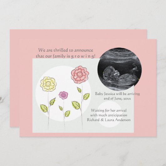新しい追加ピンクの写真妊娠のお知らせ 案内状 (正面/裏面)