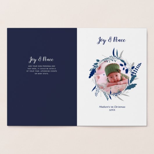 新しい銀箔ベビー写真誕生アナウンスブルー 箔カード (内部)