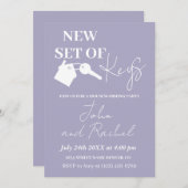 新しい鍵セットモダン引っ越し祝いパーティーパーティー紫 招待状 (正面/裏面)