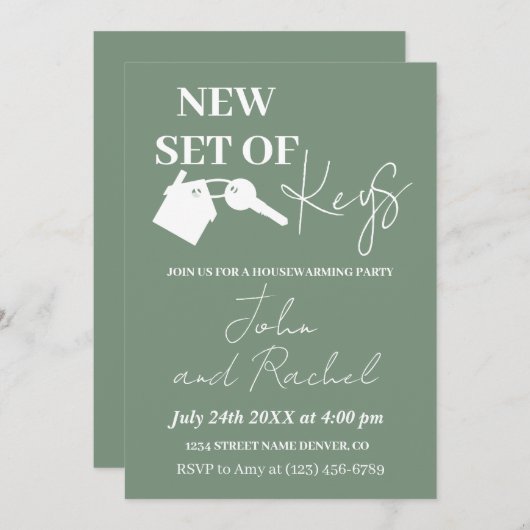 新しい鍵セットモダン引っ越し祝いパーティーパーティー緑 招待状 (正面/裏面)