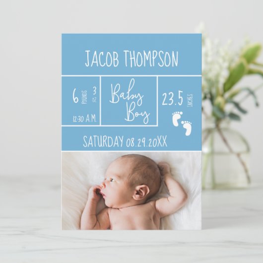 新しい青い男の赤ちゃん誕生のお知らせ誕生の状態 案内状 (スタンド正面)