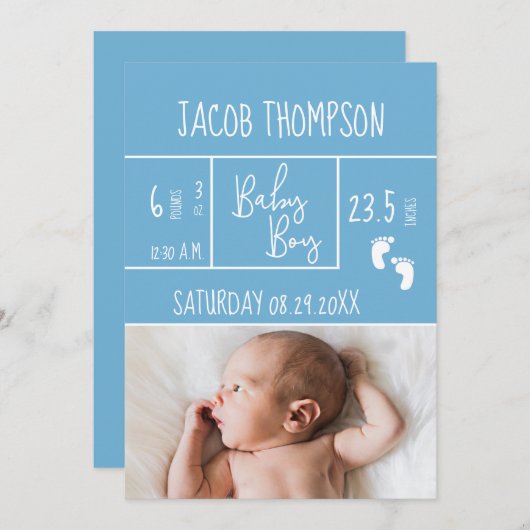 新しい青い男の赤ちゃん誕生のお知らせ誕生の状態 案内状 (正面/裏面)