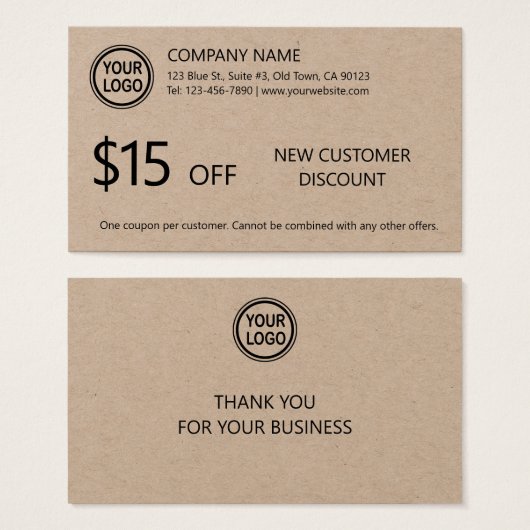 新しい顧客割引クーポンカード (正面&裏面)