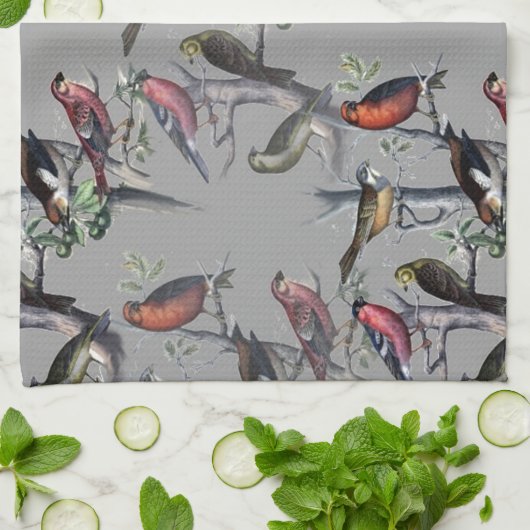 新しい鳥のパターンアクセサリー、ヴィンテージアートグレー キッチンタオル (折り畳み)