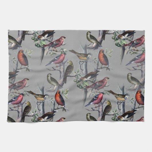 新しい鳥のパターンアクセサリー、ヴィンテージアートグレー キッチンタオル (横)