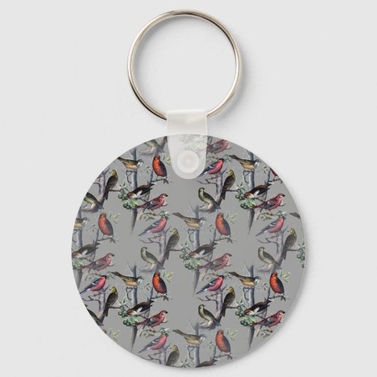 新しい鳥のパターンアクセサリー、ヴィンテージアートグレー キーホルダー (正面)