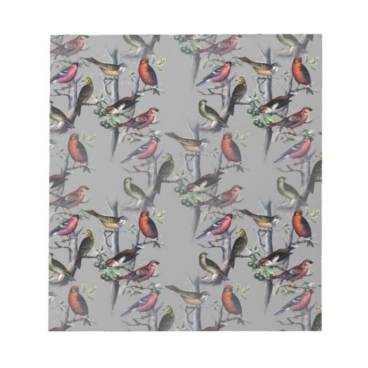 新しい鳥のパターンアクセサリー、ヴィンテージアートグレー ノートパッド (正面)