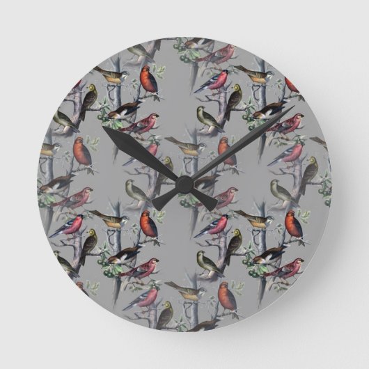 新しい鳥のパターンアクセサリー、ヴィンテージアートグレー ラウンド壁時計 (正面)