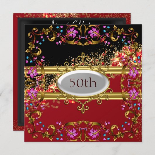 新しい黒い赤の誕生日パーティフラワーフレーム 招待状 (正面/裏面)