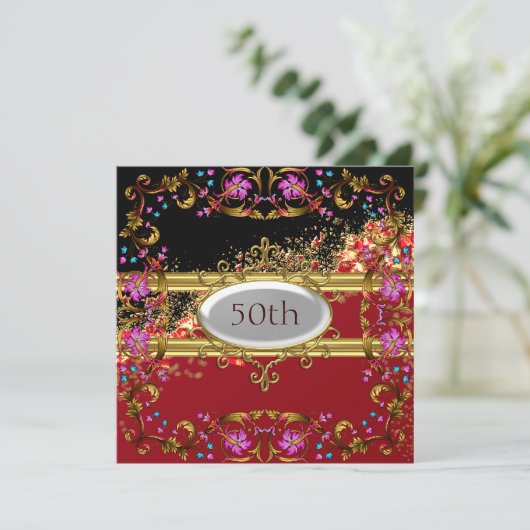 新しい黒い赤の誕生日パーティフラワーフレーム 招待状 (スタンド正面)