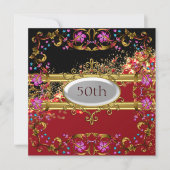 新しい黒い赤の誕生日パーティフラワーフレーム 招待状 (正面)