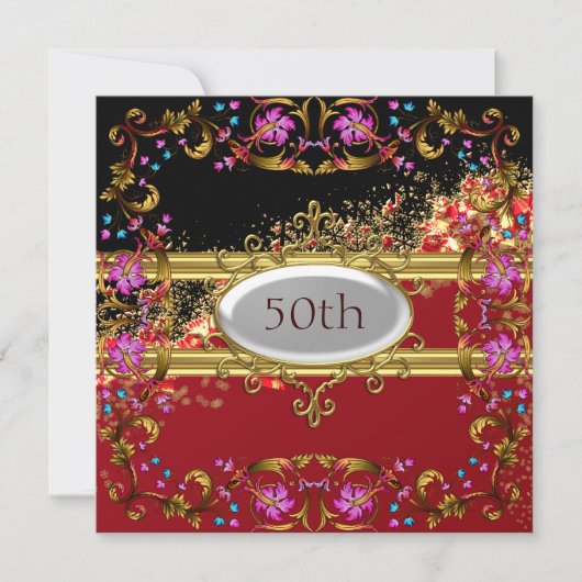 新しい黒い赤の誕生日パーティフラワーフレーム 招待状 (正面)