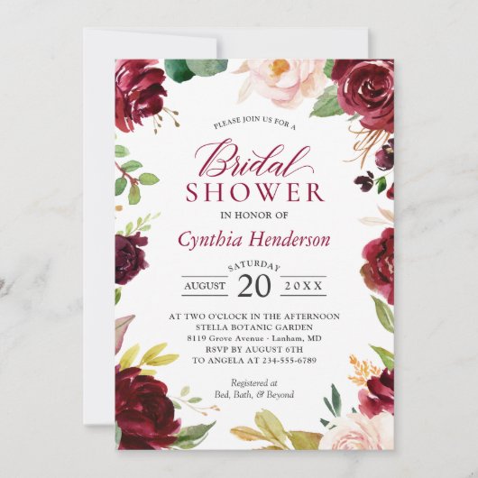 新しい!美しい赤面ブルゴーニュフローラブライダルシャワー 招待状 (正面)