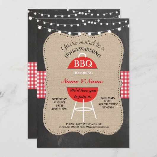 新しいBBQの家の甘い引っ越し祝いパーティーの黒板の招待 招待状 (正面/裏面)